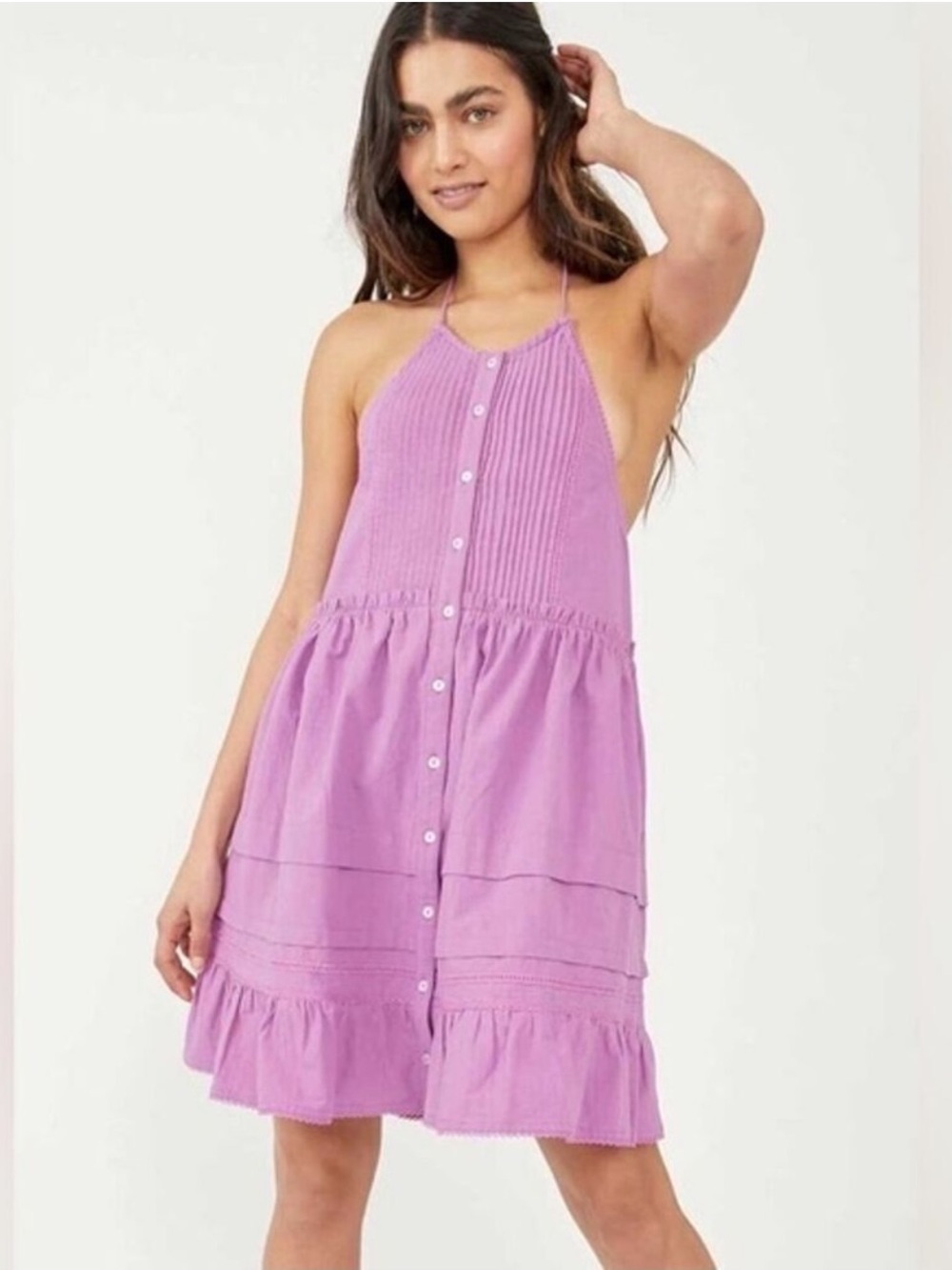 NWT: Free People Desert Days Orchid Ruffle Hem Open Tie Back Mini Dress• X-Small